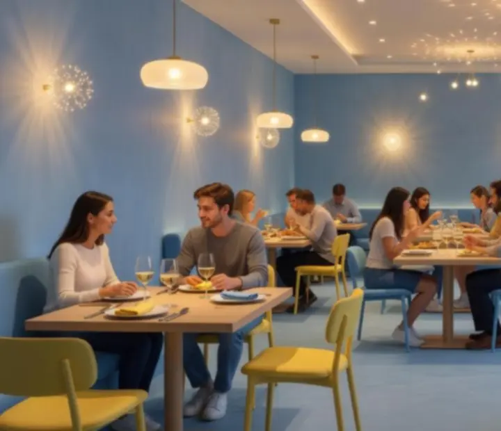 Décoration contemporaine bleu et jaune d'un restaurant à l'ambiance sereine.
