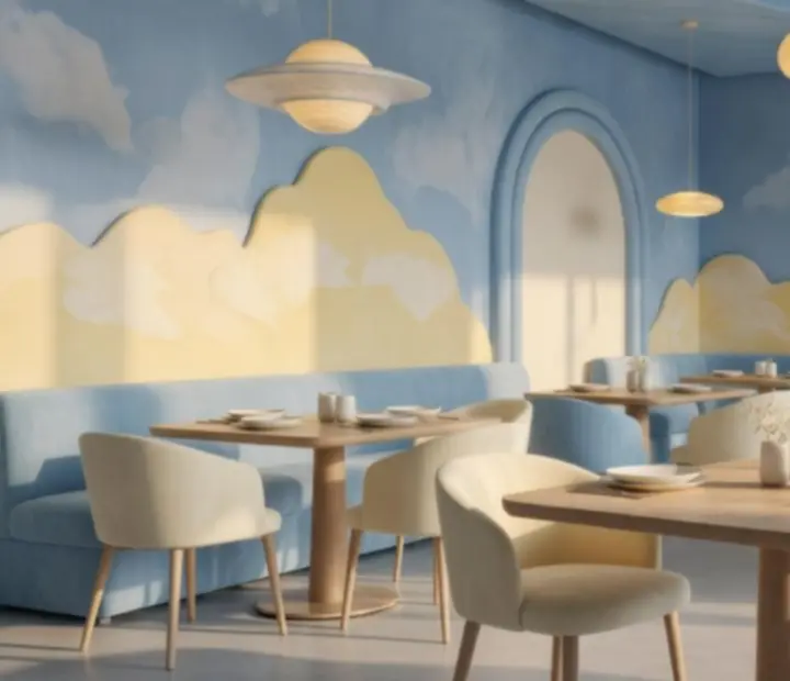 Décoration céleste bleu ciel et jaune soleil dans le restaurant