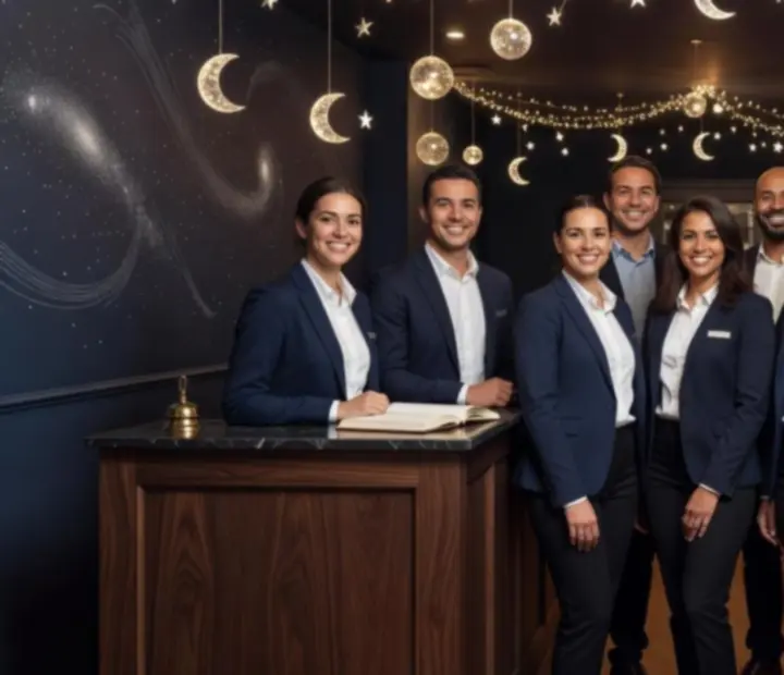 Équipe d'accueil souriante dans un restaurant chaleureux Choix Sorties.
