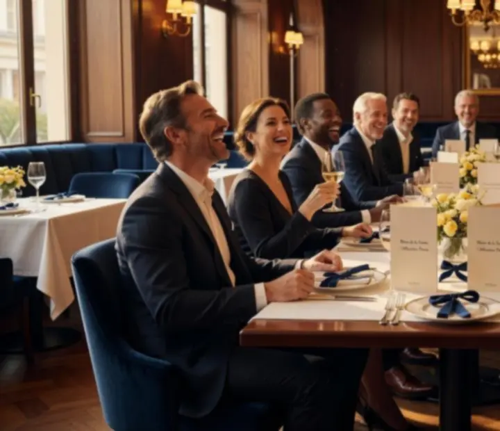 Salle de restaurant privatisée pour un événement d’entreprise avec tables dressées
