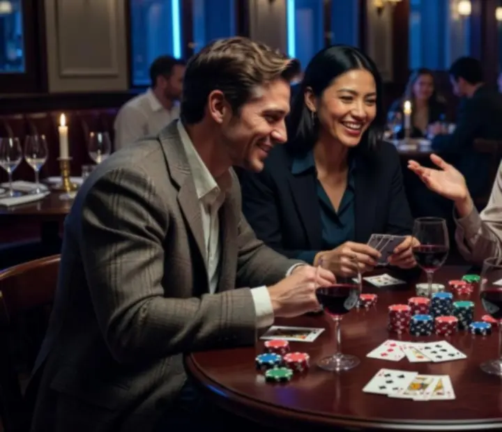 Table de restaurant préparée avec cartes, jetons et verres pour une soirée poker offline