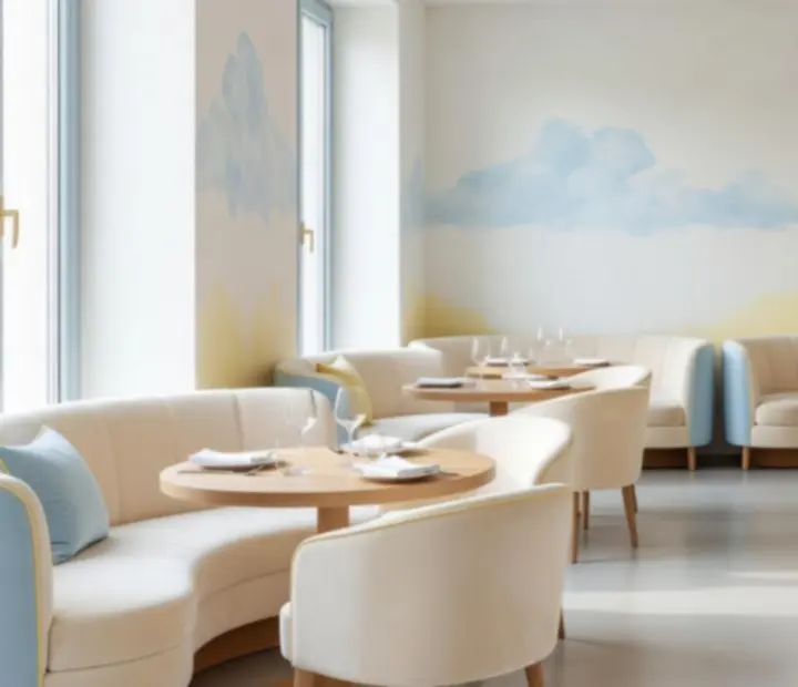 Salle de restaurant lumineuse Choix Sorties aux tons bleu et jaune.