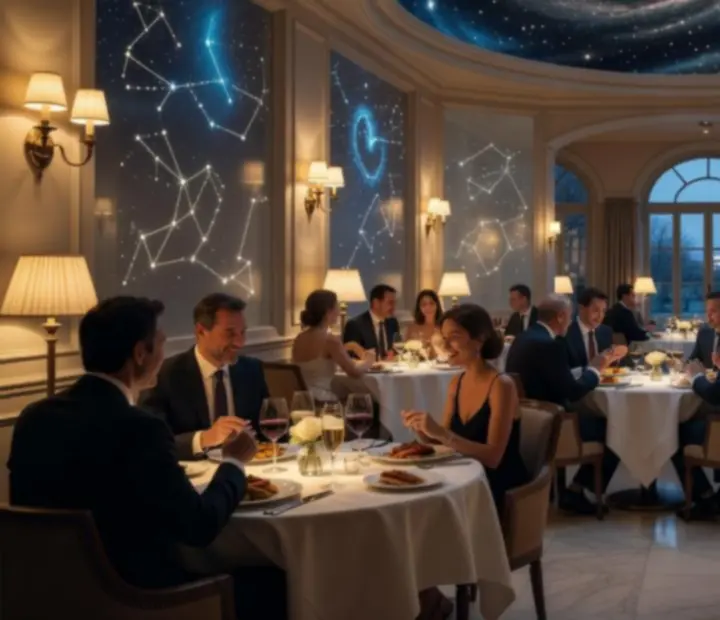 Ambiance de soirée chaleureuse dans le restaurant Choix Sorties, avec tables dressées et invités en pleine discussion.