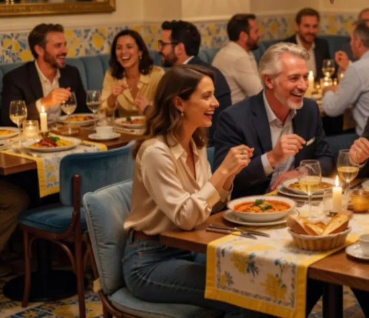 Invités partageant une soirée conviviale dans un restaurant lumineux.