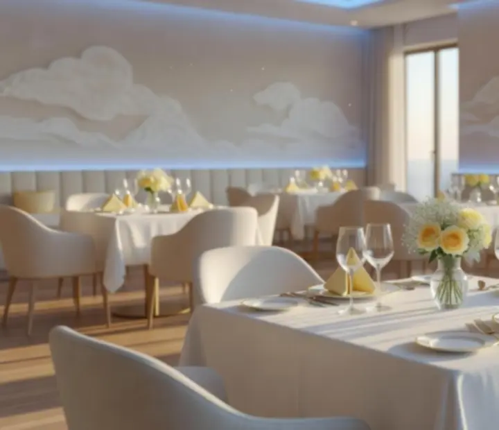 Table de restaurant lumineuse aux tons bleu et jaune, dressée pour une soirée raffinée.